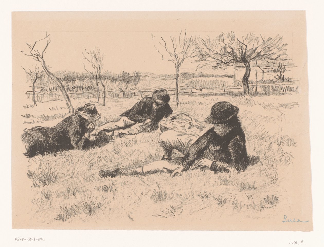 Trzech mężczyzn odpoczywa na łące autorstwa Maximilien Luce (signed by artist)
