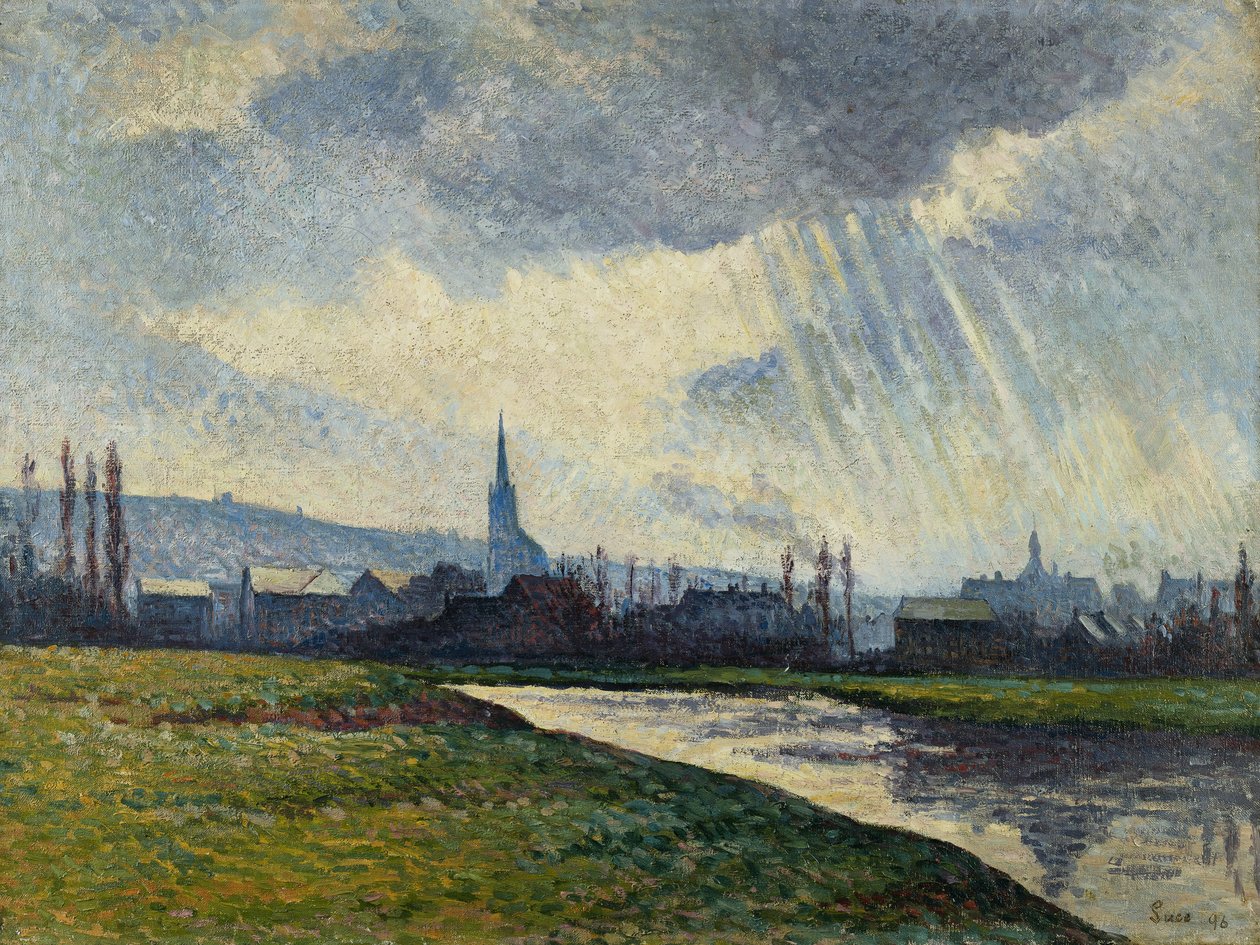 Couillet, Charleroi, Krajobraz wzdłuż rzeki; Couillet, Charleroi, Krajobraz na brzegu rzeki, 1896 autorstwa Maximilien Luce