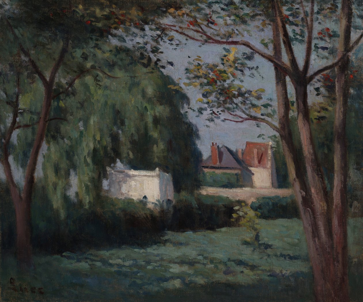Scena wiejska z trzema domami i drzewami autorstwa Maximilien Luce