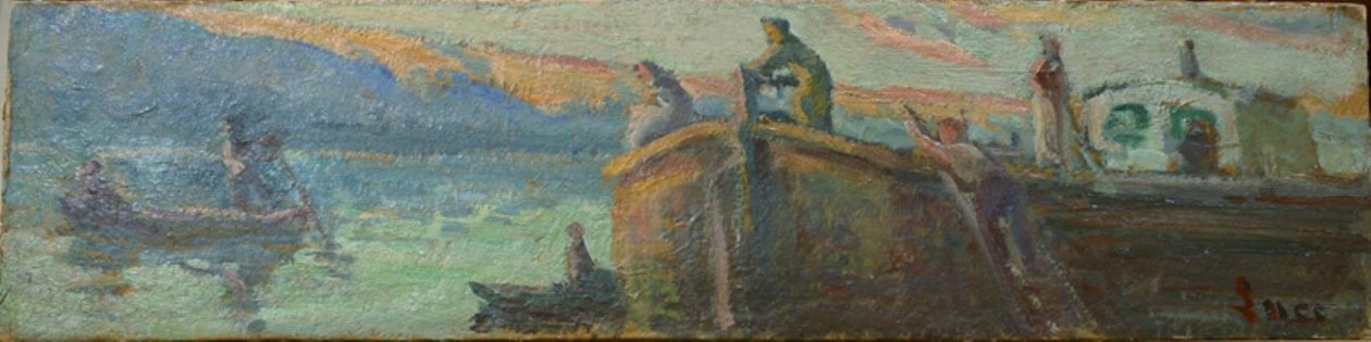 Krajobraz rzeki z barką i łodziami autorstwa Maximilien Luce