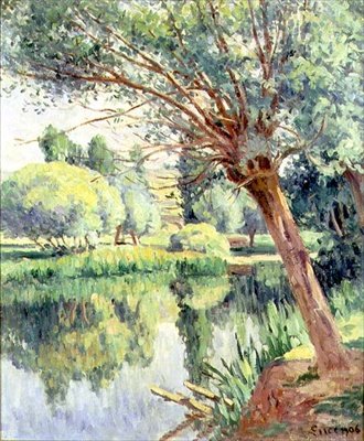 Prezbiterium i wierzba na brzegu rzeki autorstwa Maximilien Luce