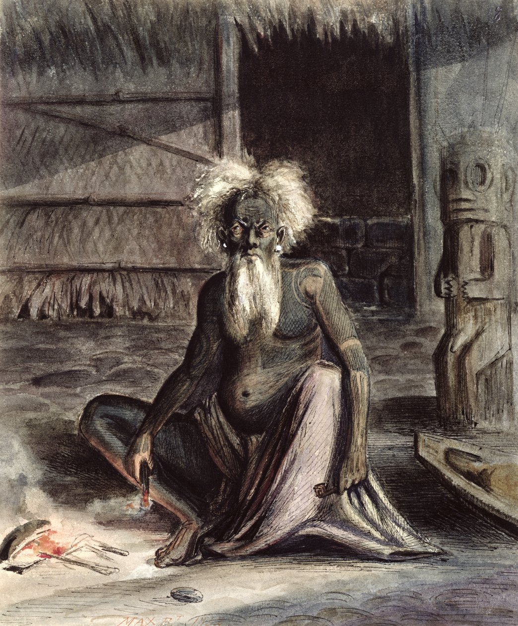 Stary człowiek z Tahiti siedzący w pobliżu Tiki, ok. 1841-48 (pióro i atrament i toaleta na papierze) autorstwa Maximilien Radiguet