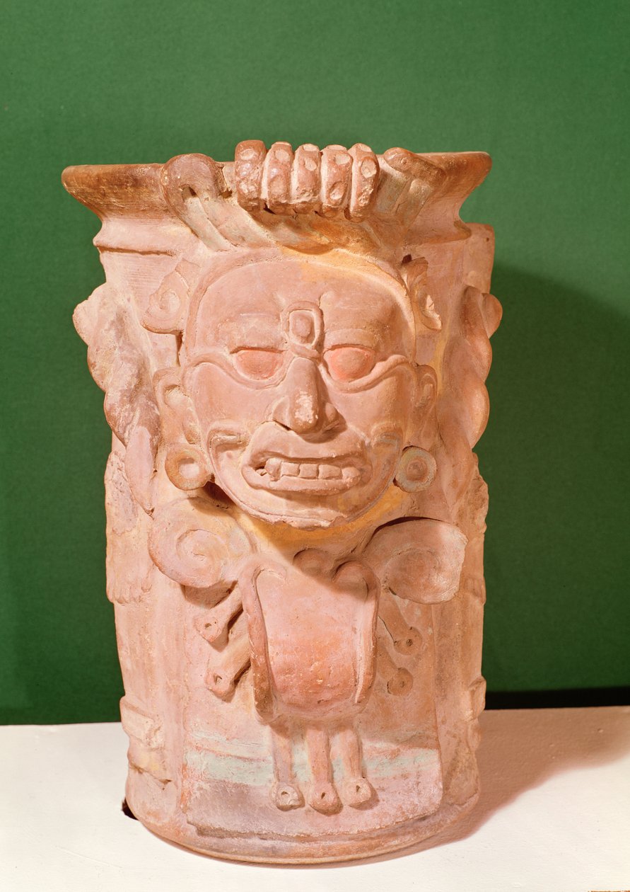 Cylindryczna waza z głową boga słońca, okres klasyczny, 7-10 wiek (terakota) autorstwa Mayan