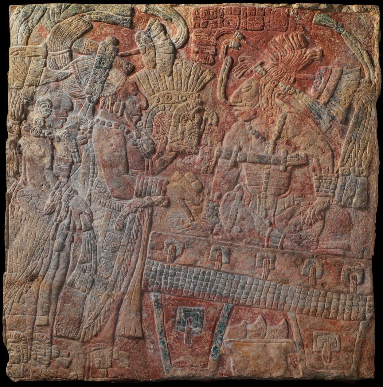 Płaskorzeźba z władcą na tronie, ok. 770 ne (malowany wapień) autorstwa Mayan