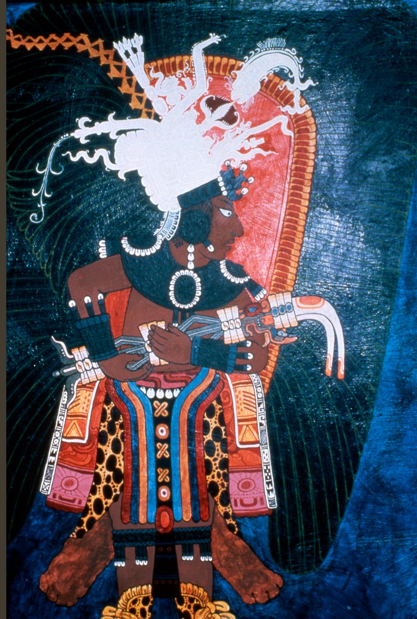 Reprodukcja muralu przedstawiającego władcę przebranego na uroczystość, ze Świątyni Murali, Bonampak (malowidło ścienne) autorstwa Mayan