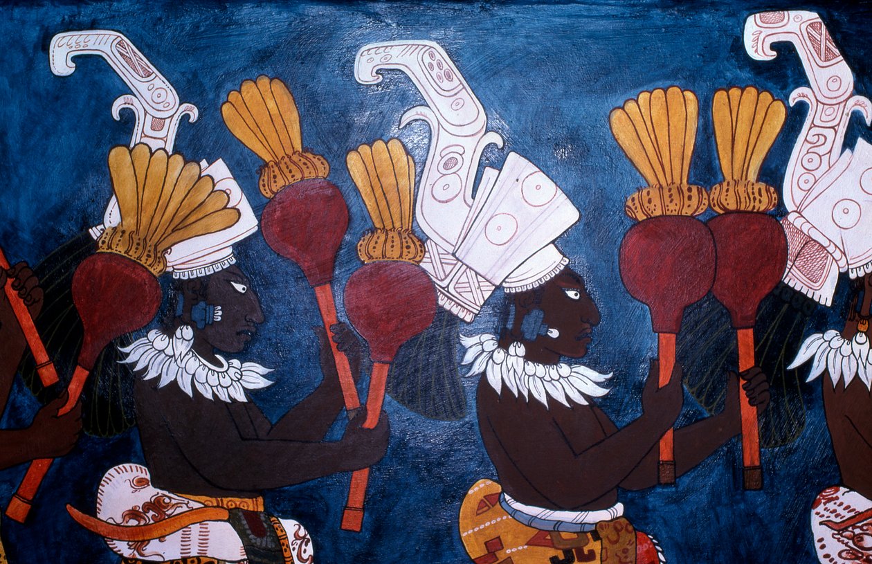 Reprodukcja muralu przedstawiającego muzyków z grzechotkami podczas ceremonii, ze Świątyni Murali, Bonampak (malowidło ścienne) autorstwa Mayan