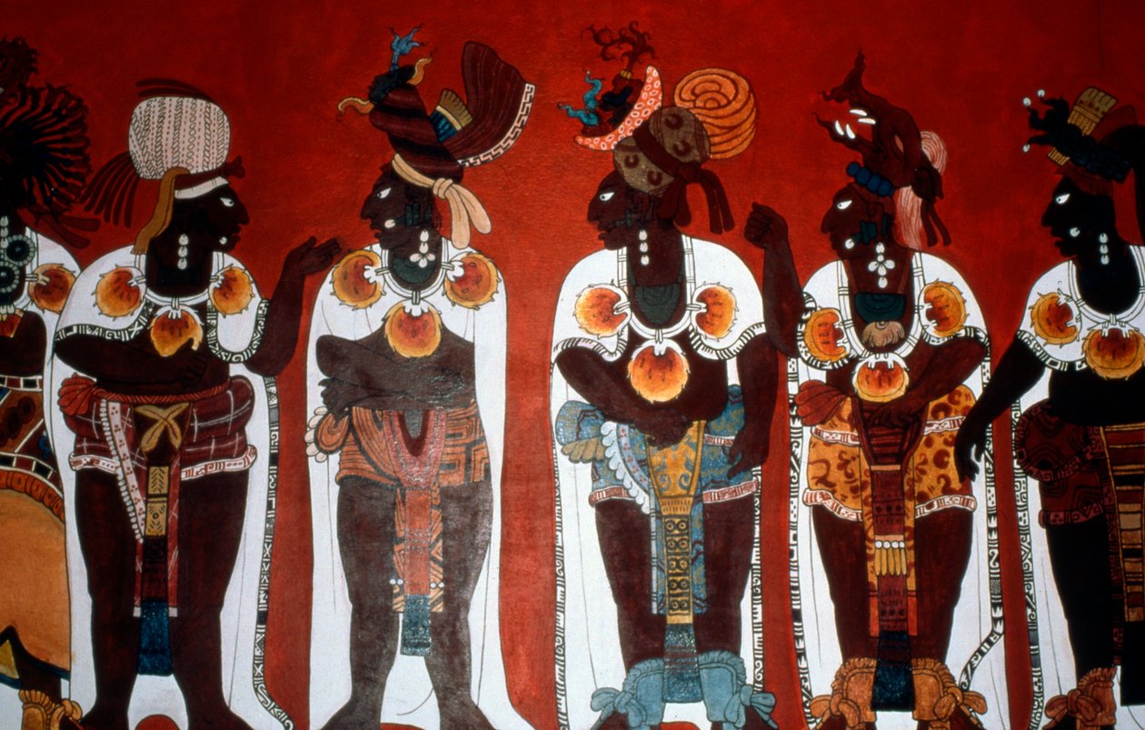 Reprodukcja muralu przedstawiającego szlachciców ubranych na uroczystość, ze Świątyni Murali, Bonampak (malowidło ścienne) autorstwa Mayan