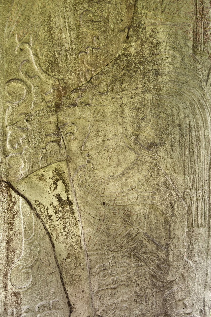 Fragment Stela 9 przedstawiający Ajb’alun Haab’tal Wat’ul K’atel, króla terminalu klasycznego z Ceibal w Gwatemali, upamiętniający koniec dziewiątego katun w naszej ery. 849 kamieni autorstwa Mayan