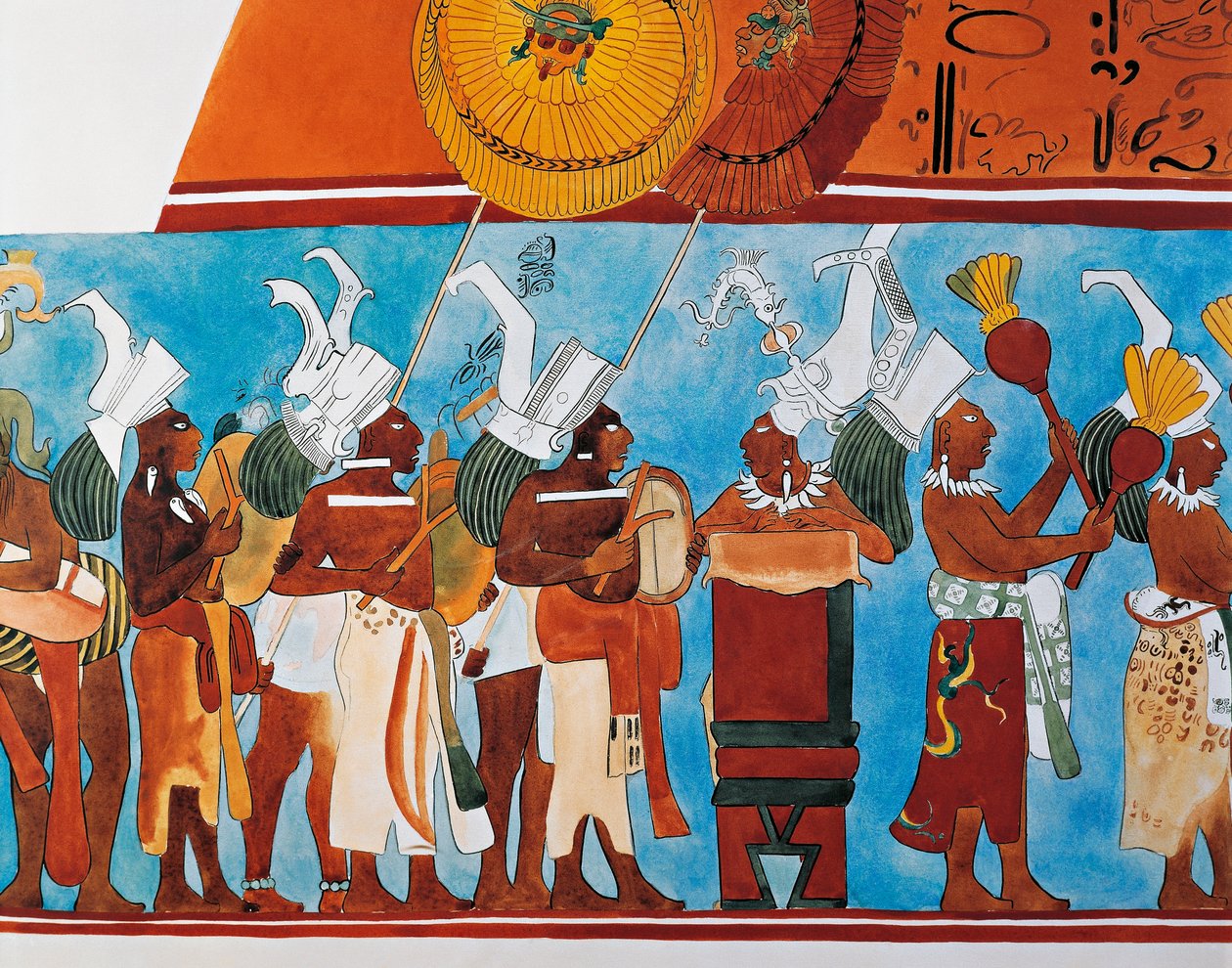 Rekonstrukcja fresków Bonampak przedstawiających procesję muzyków (malarstwo ścienne) autorstwa Mayan