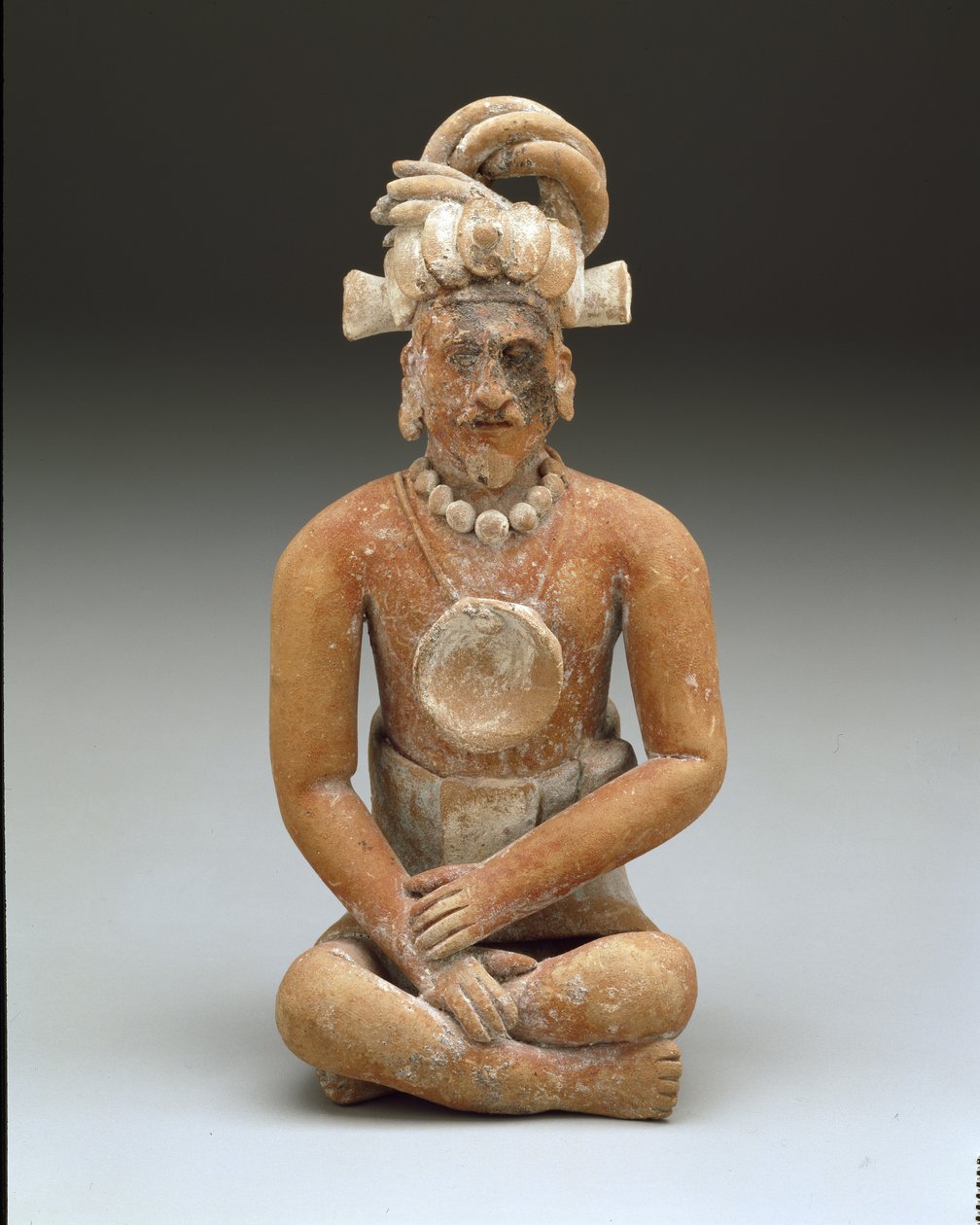 Siedzący brodaty mężczyzna, późny klasyc, ok. 600-900 (ceramika i farba) autorstwa Mayan Mayan