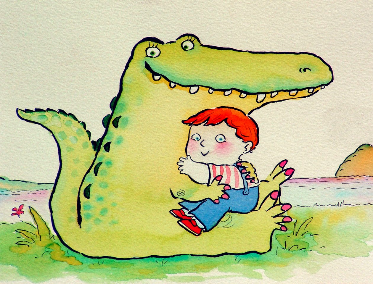 Crocodile Hug, czyli najlepsi przyjaciele (pióro i atrament oraz toaleta na papierze) autorstwa Maylee Christie