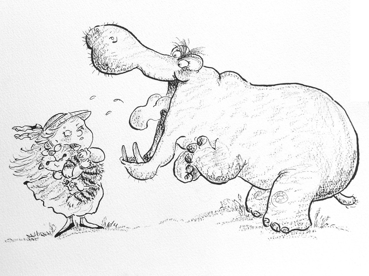 Nie boję się ciebie, panie Hippo (tusz i kredka na papierze) autorstwa Maylee Christie