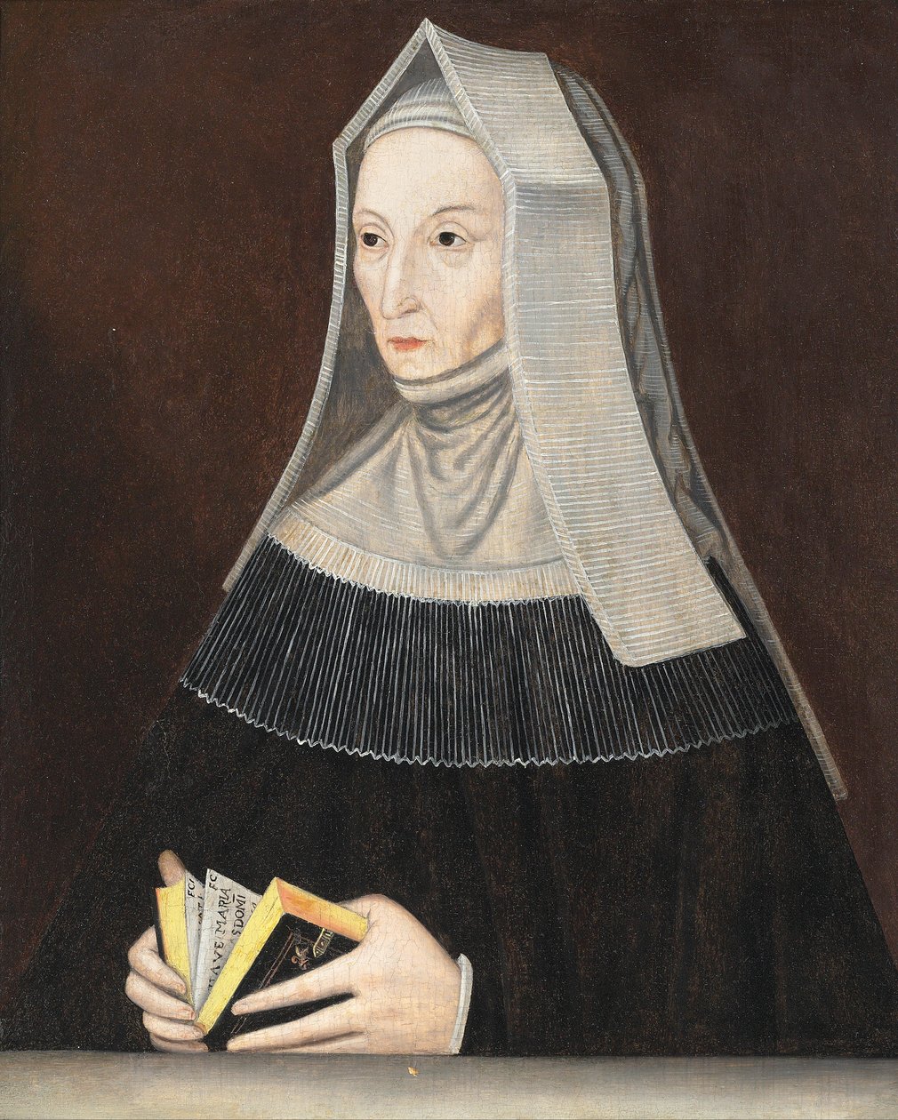 Portret Lady Małgorzaty Beaufort (1441-1509), do połowy długości, w czarnych szatach i białym habicie, w rękach modlitewnik (olej na desce) autorstwa Maynard (manner of) Vewicke