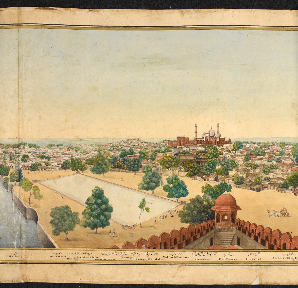 Fragment panoramy Delhi, przedstawiający Jama Masjid autorstwa Mazar or Mazhar Ali Khan