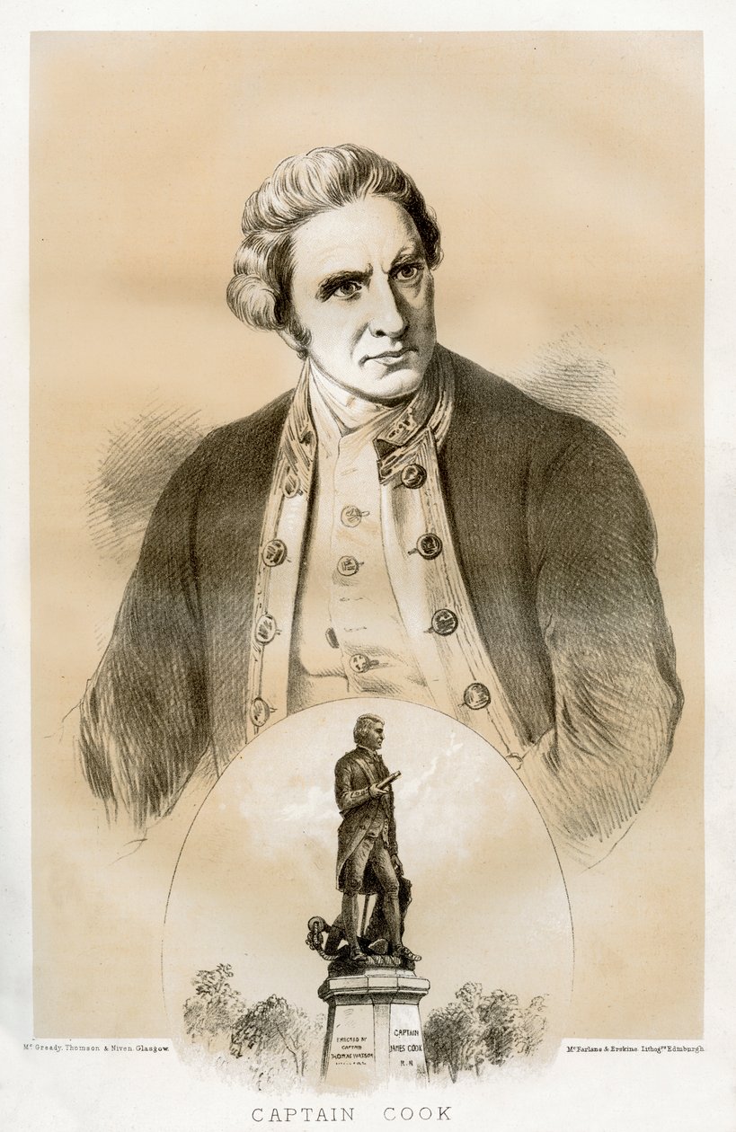 Kapitan James Cook, XVIII-wieczny brytyjski oficer marynarki i badacz, 1879 autorstwa McFarlane and Erskine