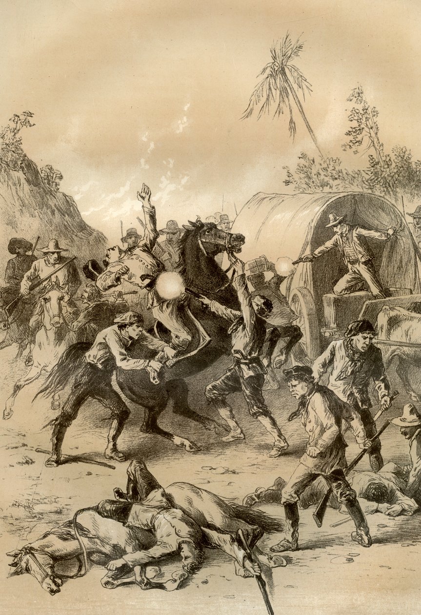 Złota eskorta zaatakowana przez buszrangerów, Australia, 1879 autorstwa McFarlane and Erskine