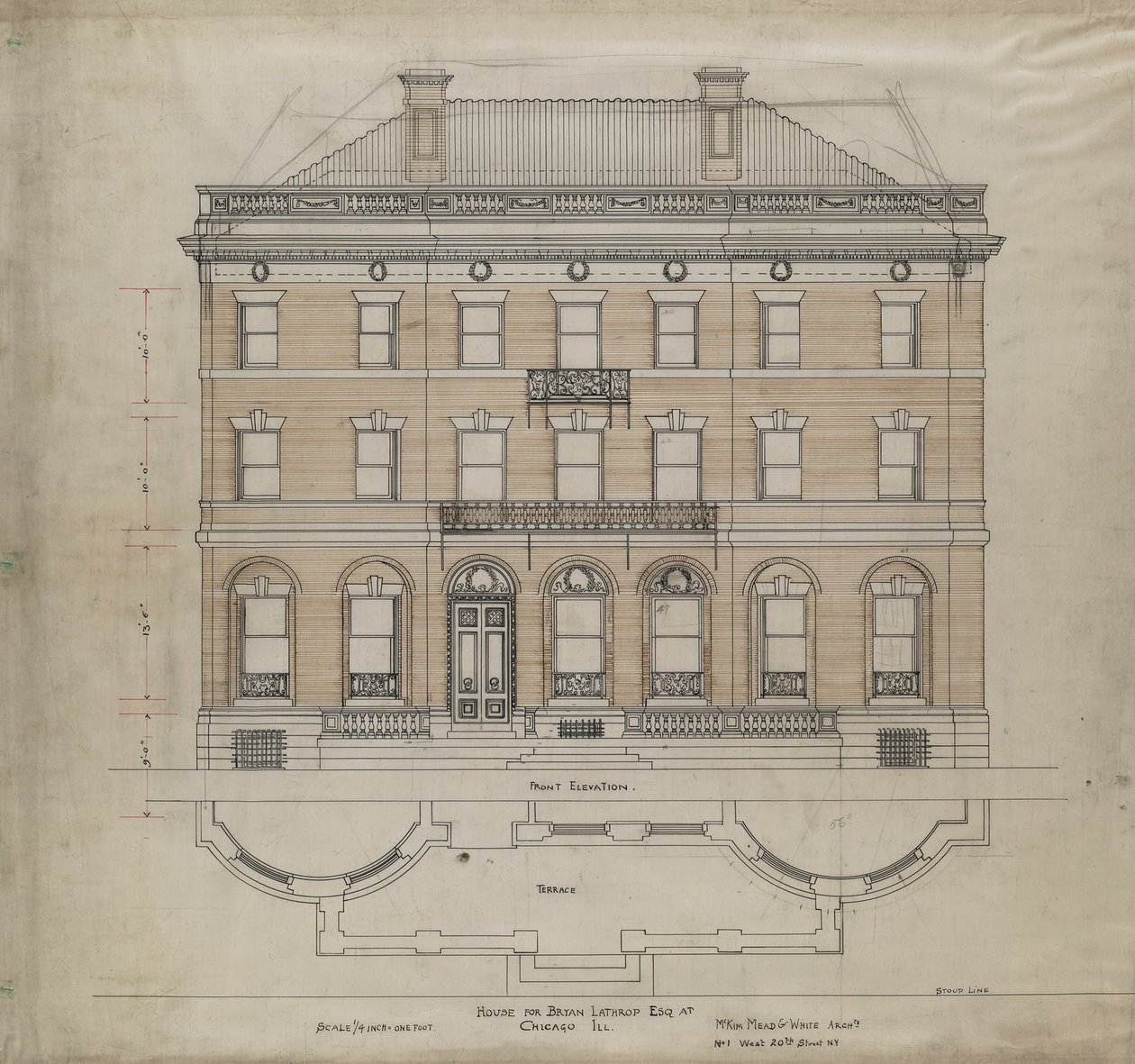 Bryan Lathrop House, Chicago, Illinois, Plan elewacji frontowej i tarasu, 1892. autorstwa Mead and White McKim
