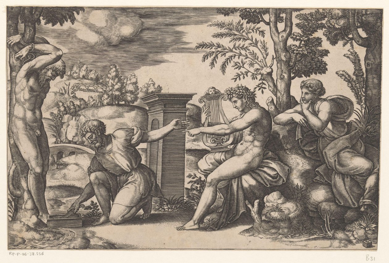 Apollo w Marsjasie autorstwa Meester van de Dobbelsteen