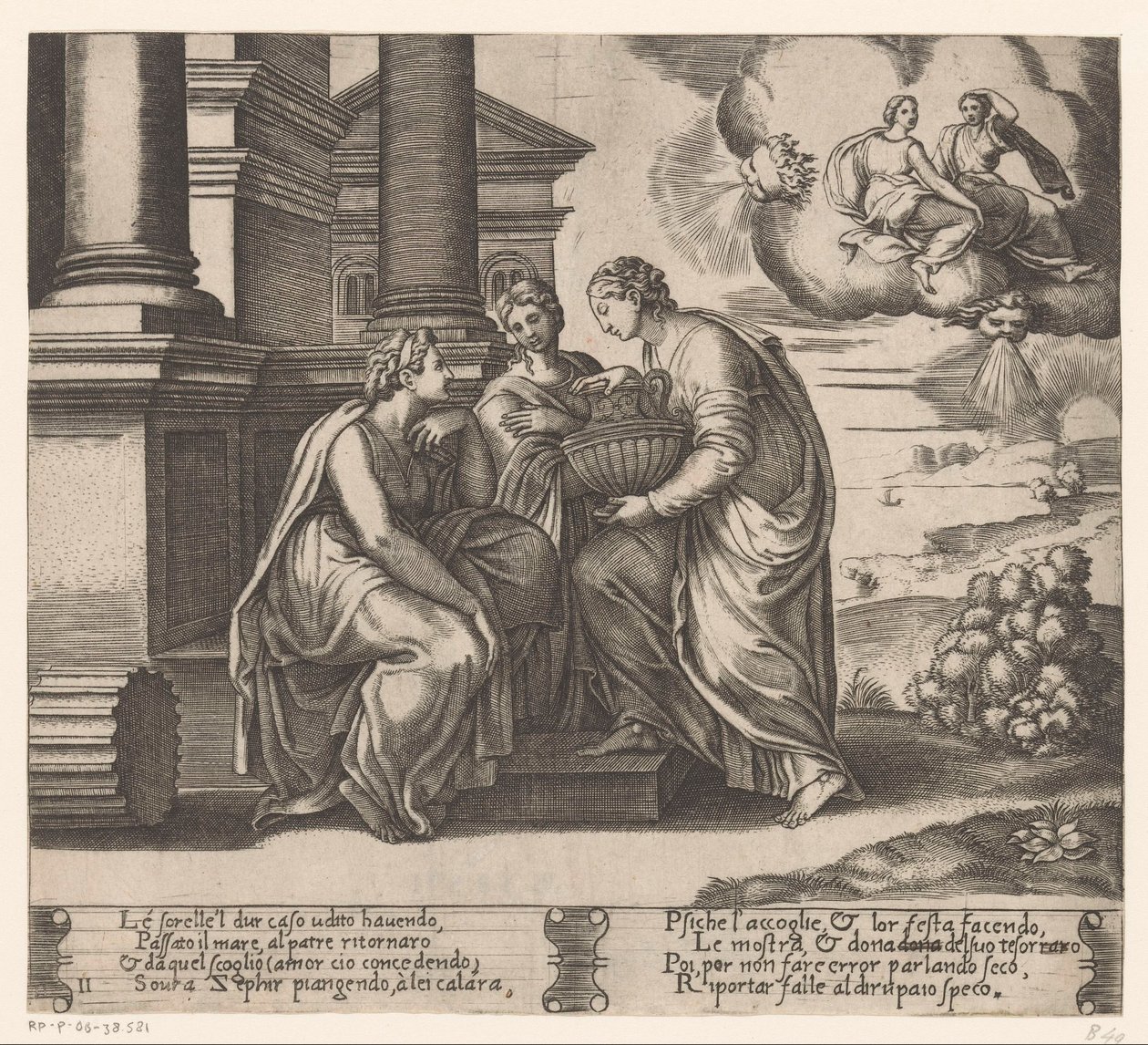 Psyche odwiedzają jej siostry Historia Amora i Psyche (tytuł serii) autorstwa Meester van de Dobbelsteen