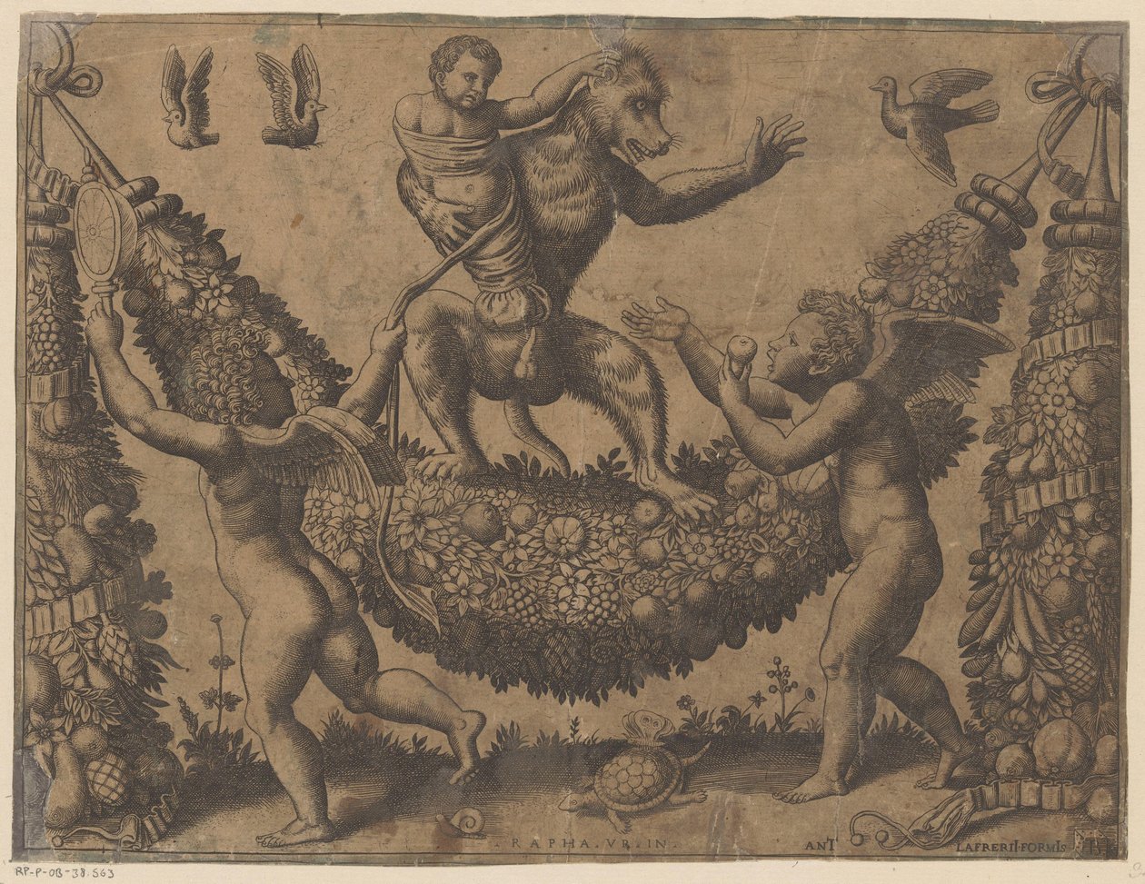Putti szydzi z małpy Gobeliny Papieża (tytuł serii) Tapezzerie de Papa (tytuł serii) autorstwa Meester van de Dobbelsteen