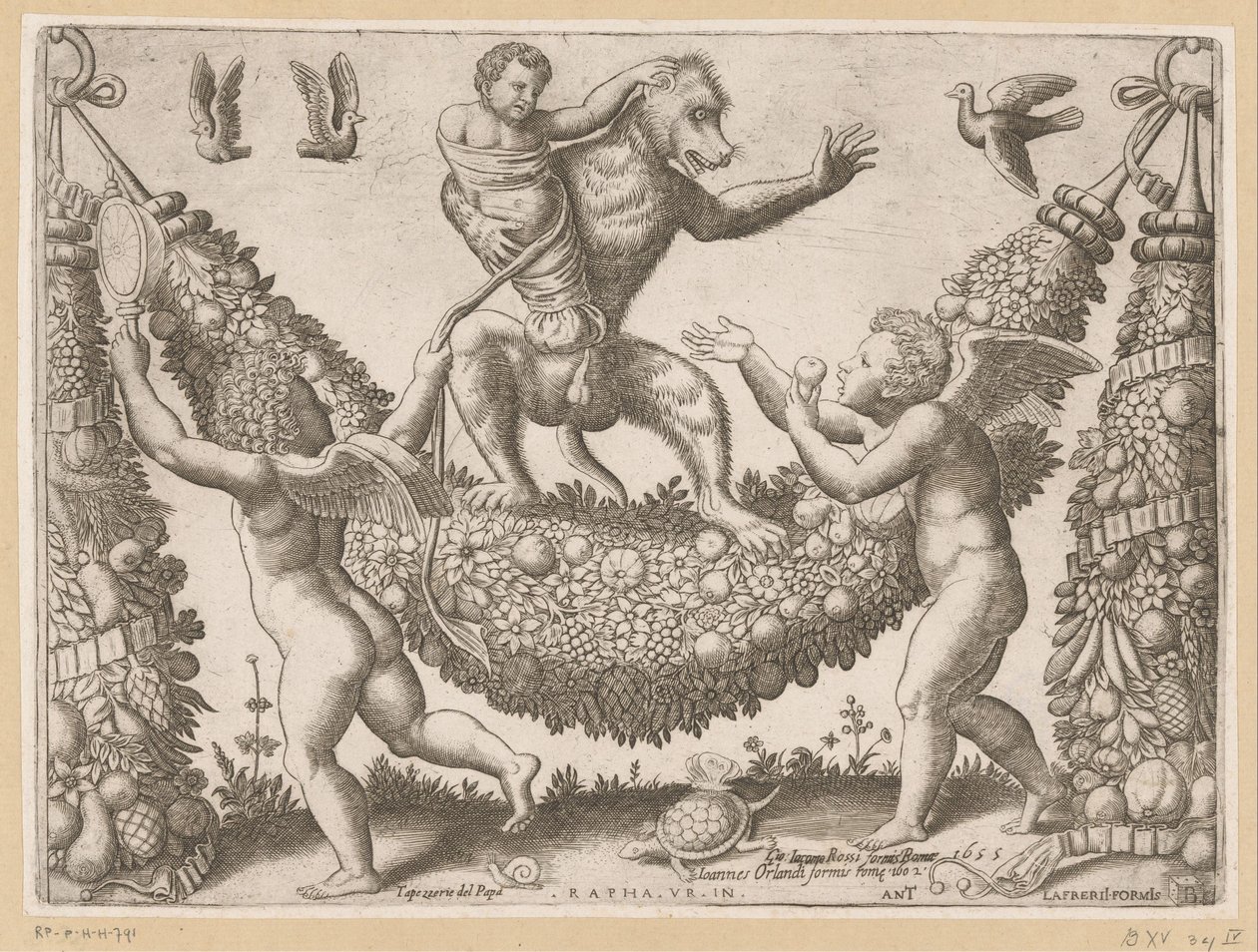 Putti szydzi z małpy Gobeliny Papieża (tytuł serii) Tapezzerie de Papa (tytuł serii na obiekcie) autorstwa Meester van de Dobbelsteen