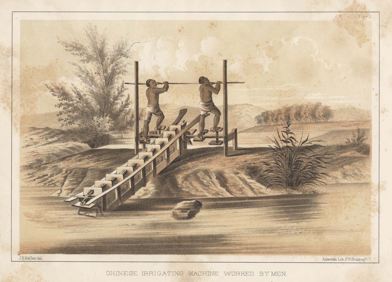 Chińska maszyna nawadniająca, obsługiwana przez mężczyzn, 1855 autorstwa Meffert