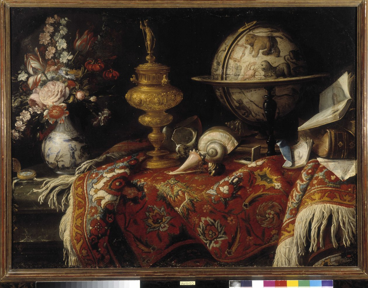 Wazon z kwiatami, glob astralny, książki i złotnictwo na dywanie. Obraz Meiffrena Conte (lub hrabiego) (1630-1705) Obowiązkowa wzmianka: Collection fondation faith de Provence, Marseille (cm 92x121) autorstwa Meiffren (c.1630 1705) Conte