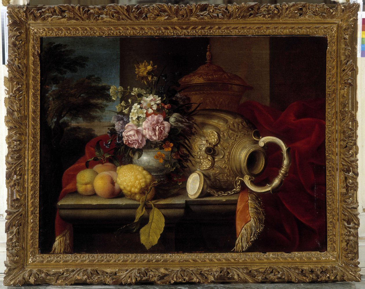 Martwa natura z bukietem, owocami, wazonem i czerwoną tkaniną (olej na płótnie) autorstwa Meiffren (c.1630 1705) Conte