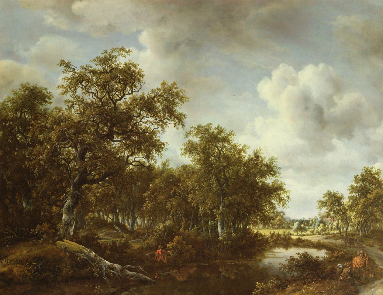 Zalesiony krajobraz z wędkarzem nad stawem, 1664 autorstwa Meindert Hobbema