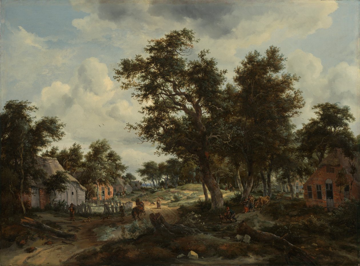 Zalesiony krajobraz z podróżnikami na ścieżce przez wioskę, ok. 1665 (olej na płótnie) autorstwa Meindert Hobbema