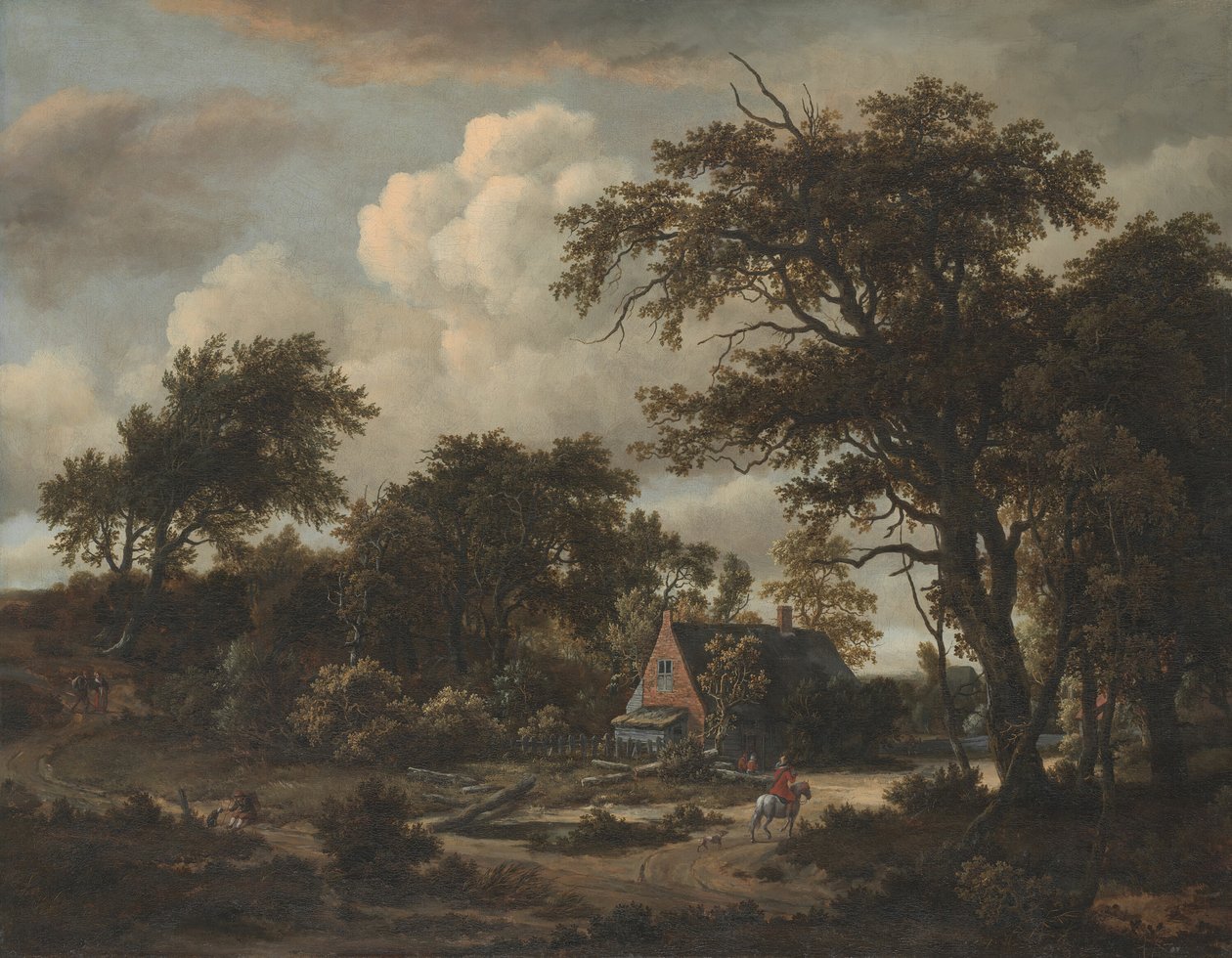 Zalesiony krajobraz z chatą i jeźdźcem, 1663. autorstwa Meindert Hobbema