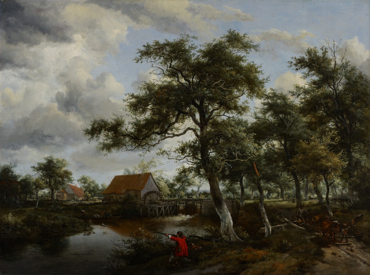 Zalesiony krajobraz z młynem wodnym, ok.1665 autorstwa Meindert Hobbema
