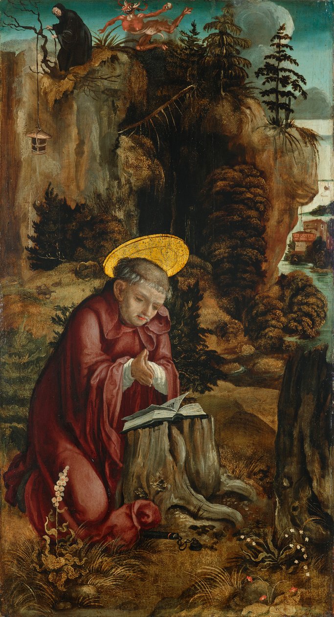 św. Benedykt przed jaskinią w Subiaco autorstwa Meister des Innerochsenbacher Annenaltars
