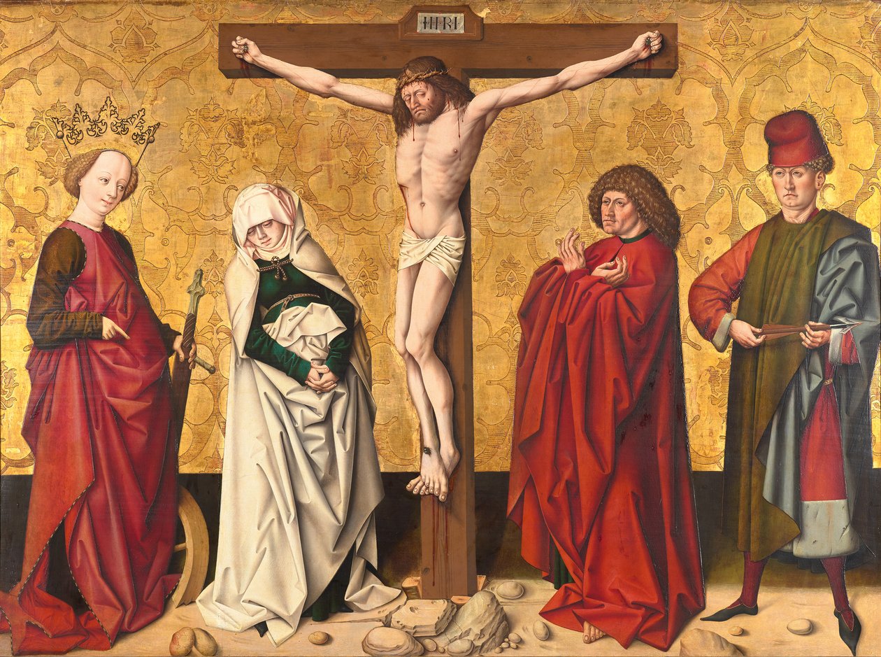 Chrystus na krzyżu między św. Maryja i Jan, Katarzyna i Sebastian autorstwa Meister von Großgmain