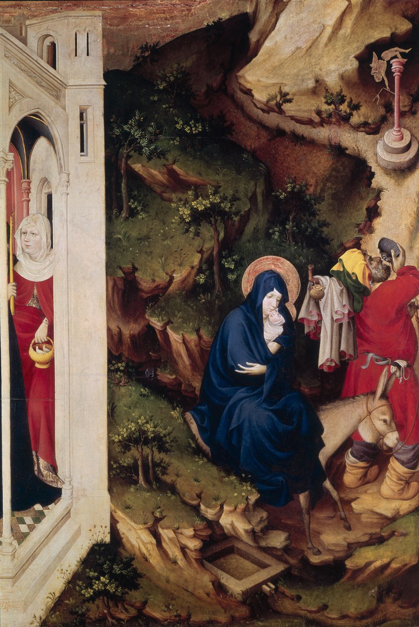 Ołtarz z Chartreuse de Champmol, prawa strona przedstawiająca Ucieczkę do Egiptu, ok. 1393-99 (tempera na panelu) (detal z 205437) autorstwa Melchior Broederlam