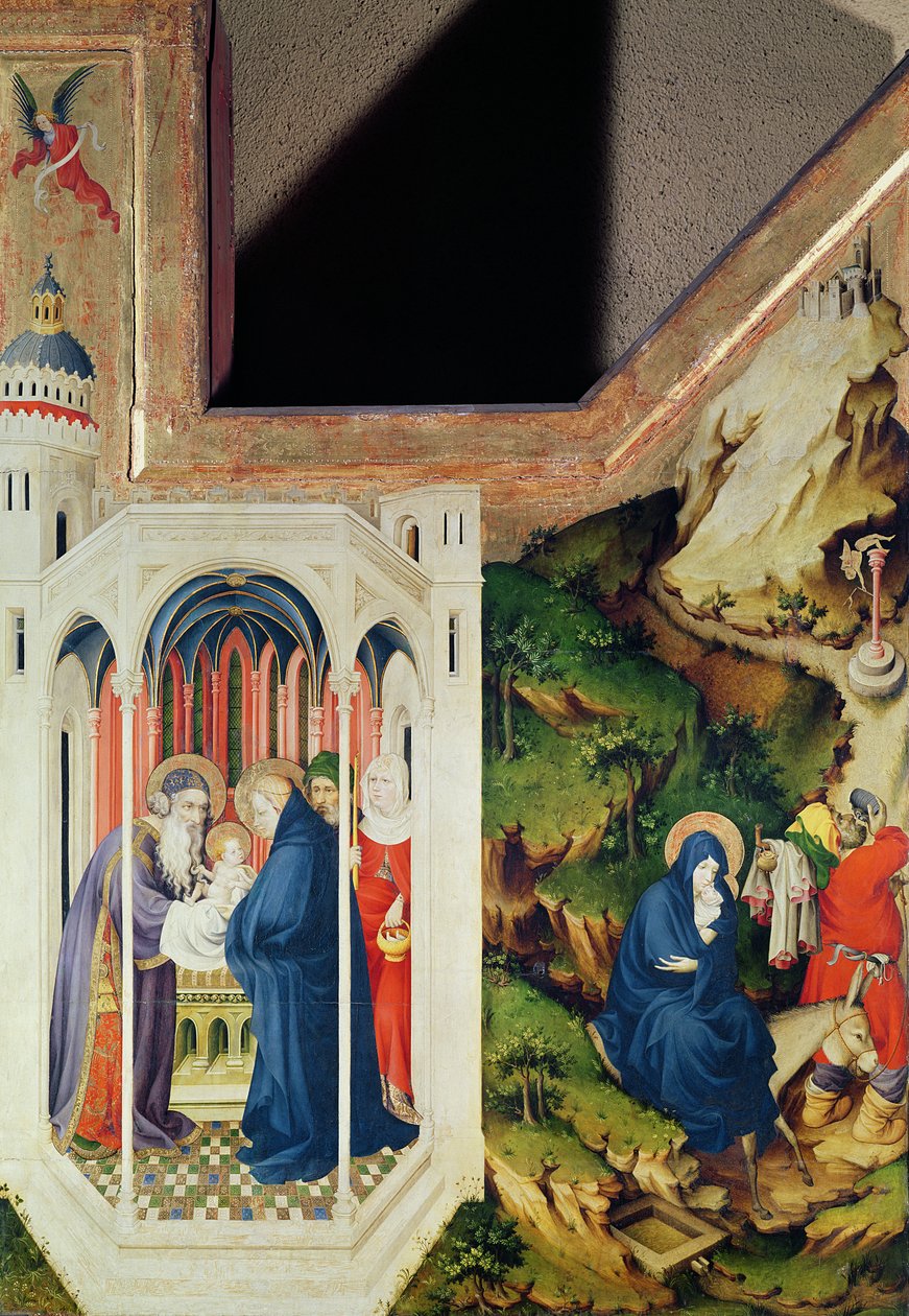 Ołtarz Chartreuse de Champmol, prawa strona przedstawiająca Ofiarowanie w Świątyni i Ucieczkę do Egiptu, ok. 1393-99 (tempera na panelu) autorstwa Melchior Broederlam