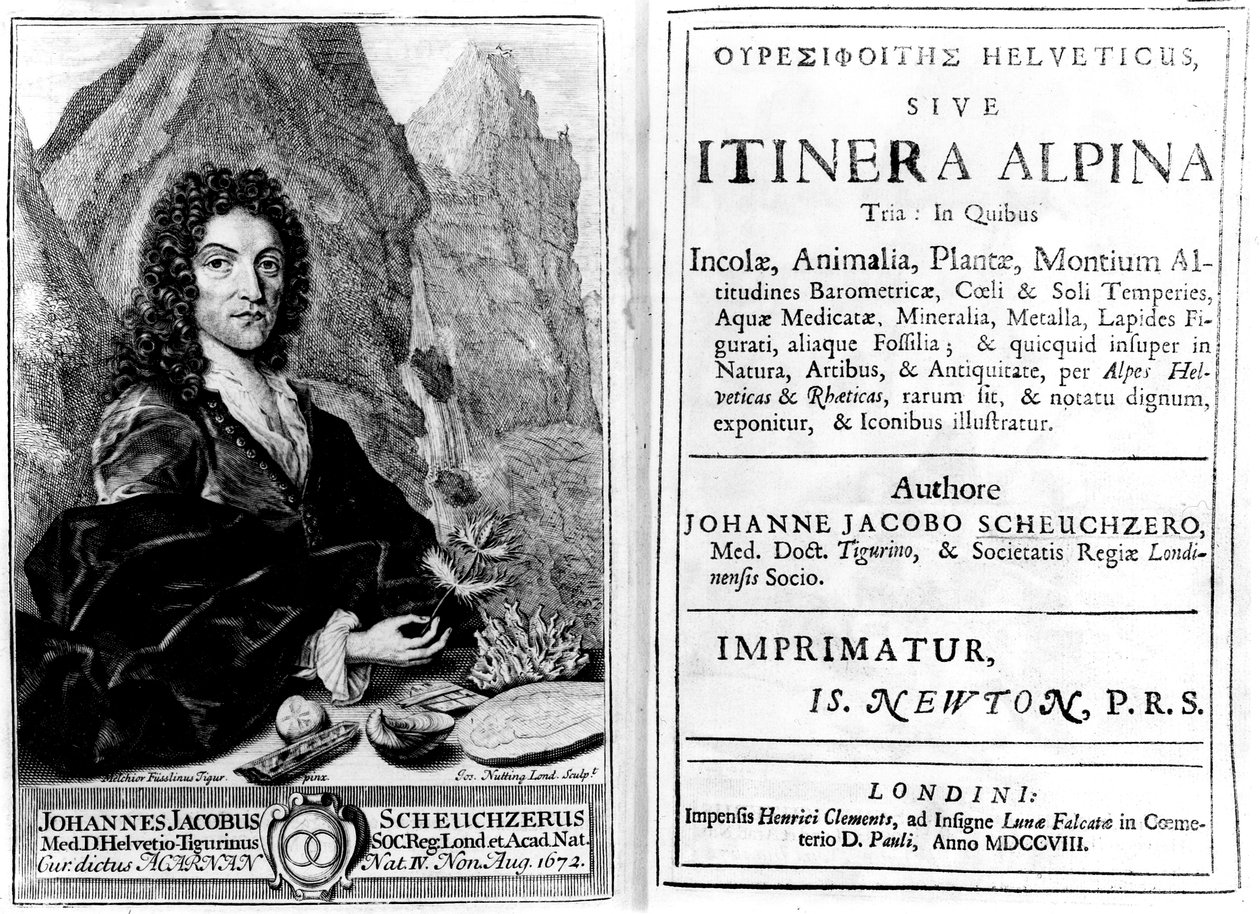 Frontyspis i strona tytułowa „Itinera Alpina Tria” Johanna Jakoba Scheuchzera, grawerowane przez Josepha Nuttinga, wydana w 1708 r. autorstwa Melchior Fusslinus Tigur