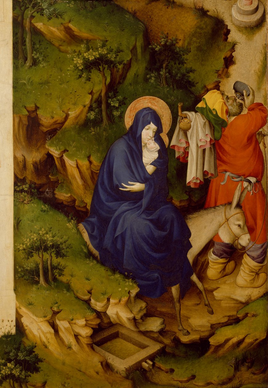 Ucieczka do Egiptu, fragment prawego panelu Ołtarza Champmol, autorstwa Melchiora Broederlama (ok. 1355-ok. 1411), tempera na drewnie autorstwa Melchior Broederlam