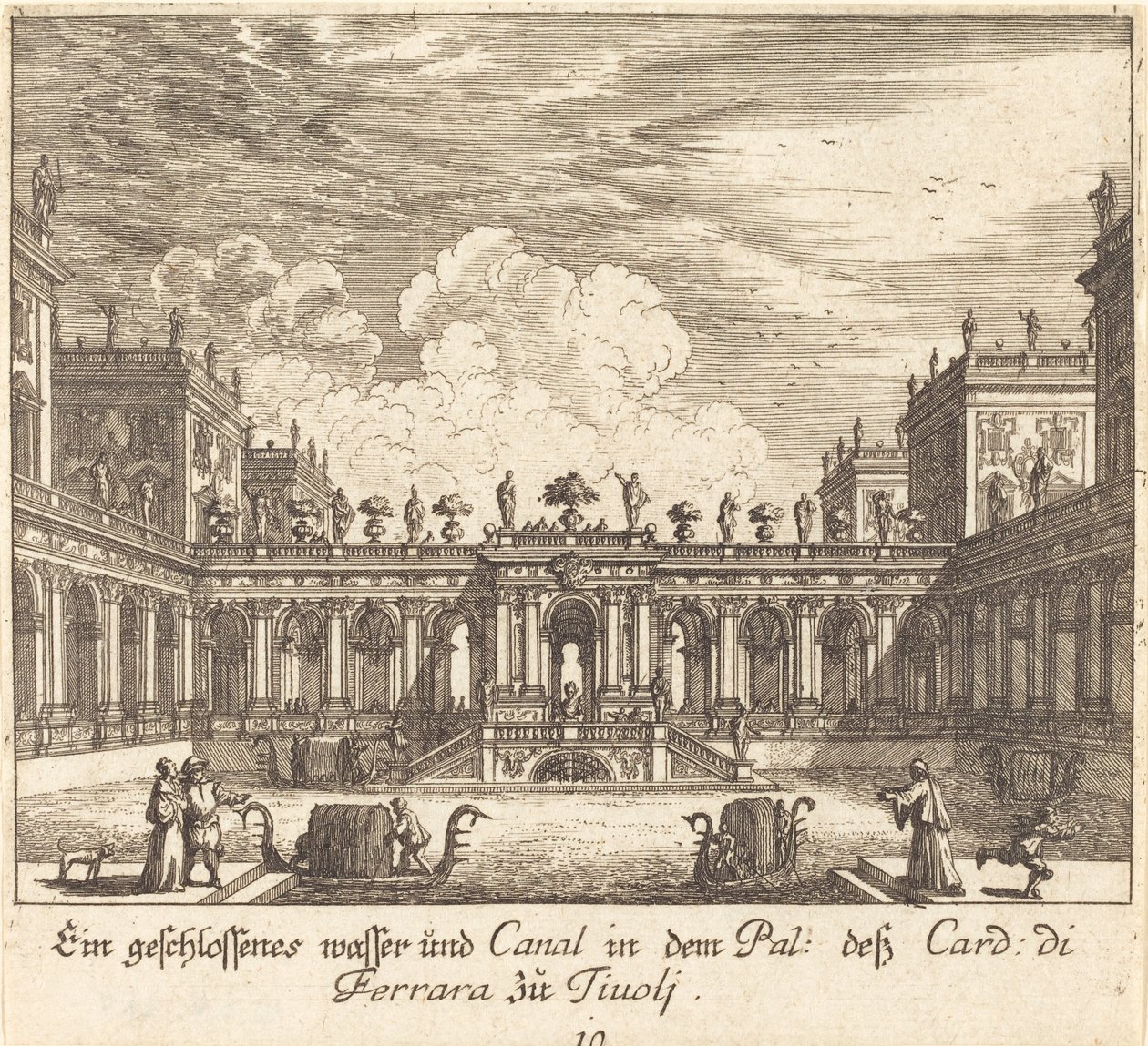 Pałac i kanał, kardynał Ferrary, Tivoli autorstwa Melchior Küsel after Johann Wilhelm Baur
