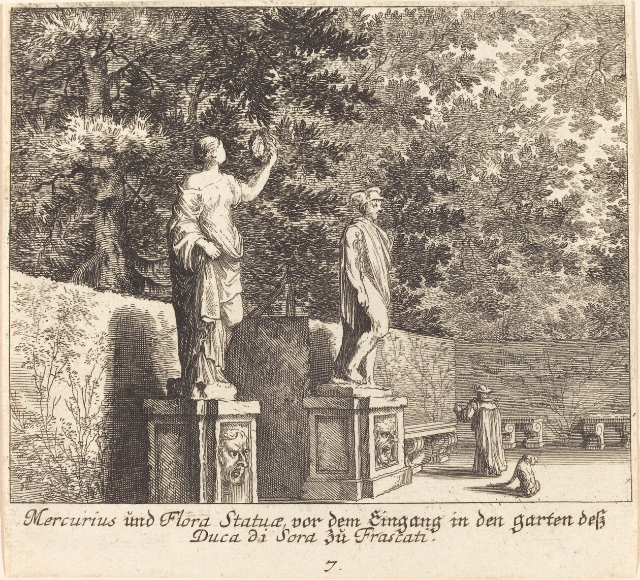 Posągi Merkurego i Flory, Ogrody Dukedi Sora, Frascati autorstwa Melchior Küsel after Johann Wilhelm Baur