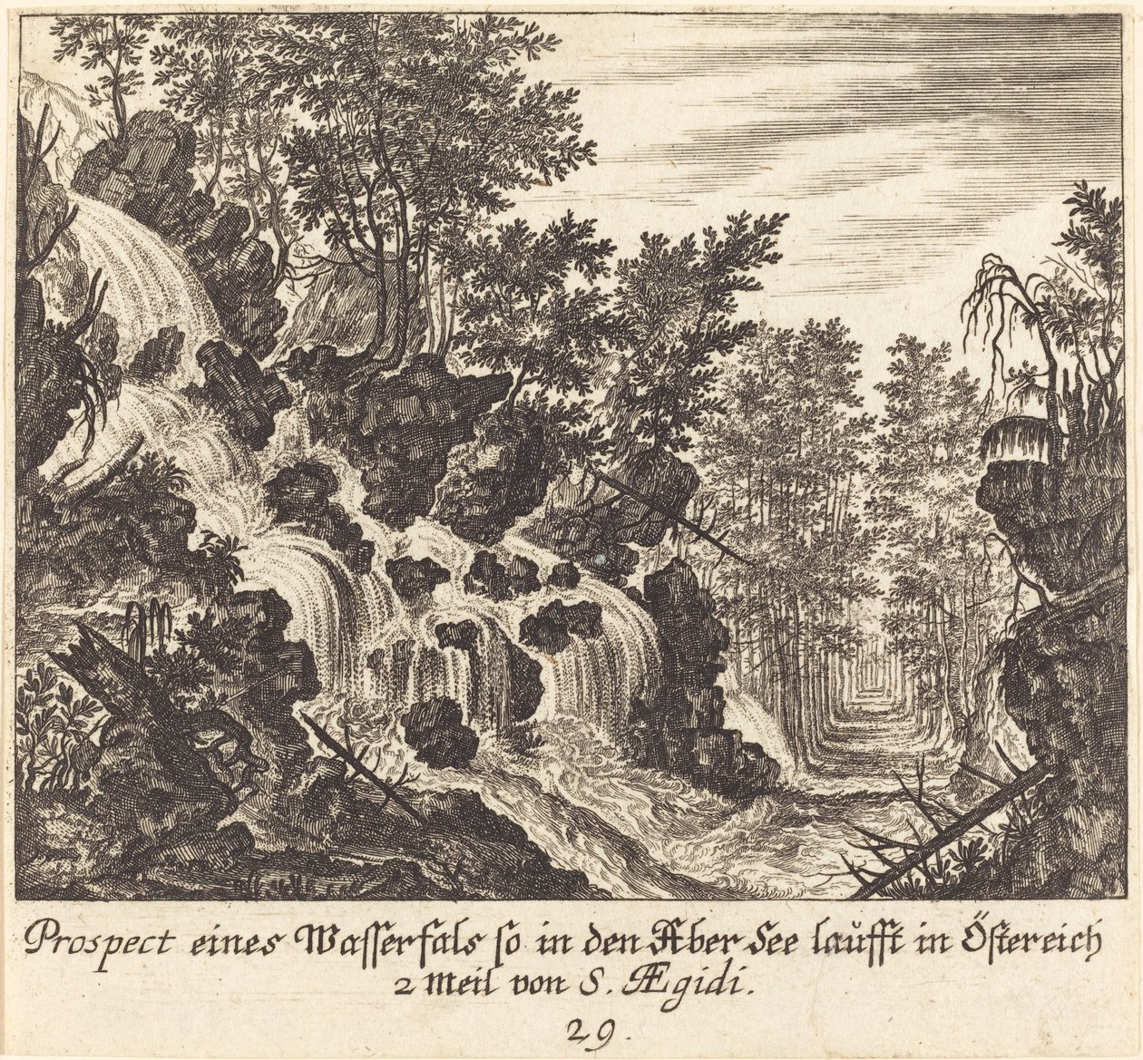 Widok na wodospad, Austria autorstwa Melchior Küsel after Johann Wilhelm Baur