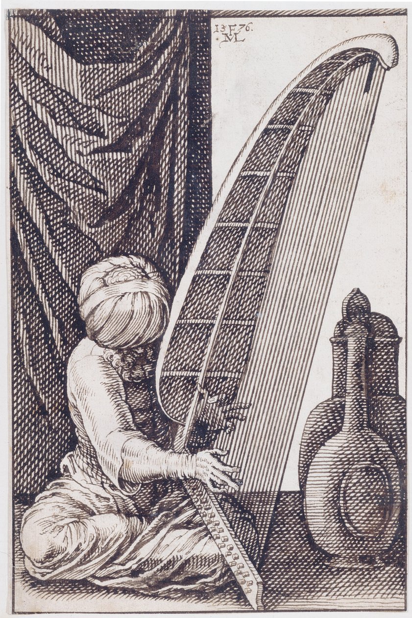 Turk grający na harfie, 1576 autorstwa Melchior Lorch