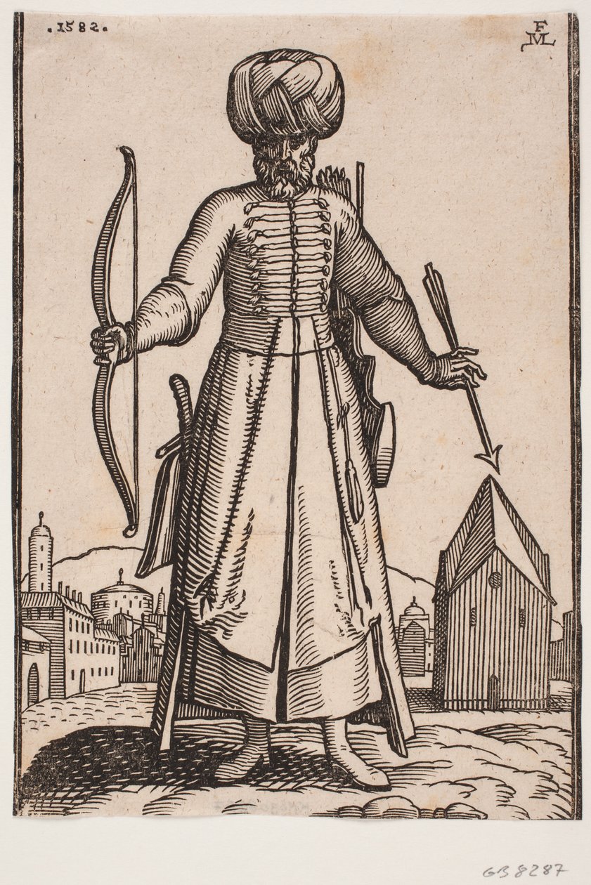 Widok z przodu, żołnierz w turbanie z wyciągniętymi ramionami, stojący na otwartym placu w mieście; w prawej ręce dzierży łuk, w v. strzałę; za l. ramieniem kołczan, po stronie h. szabla autorstwa Melchior Lorck
