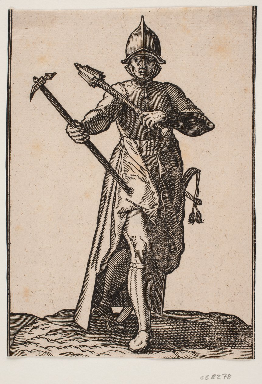 Stojący żołnierz w hełmie, widok z przodu; w prawej ręce młot bojowy, w v. maczuga bojowa, tylna noga i stopa zniekształcona w stosunku do przodu; z boku miecz autorstwa Melchior Lorck