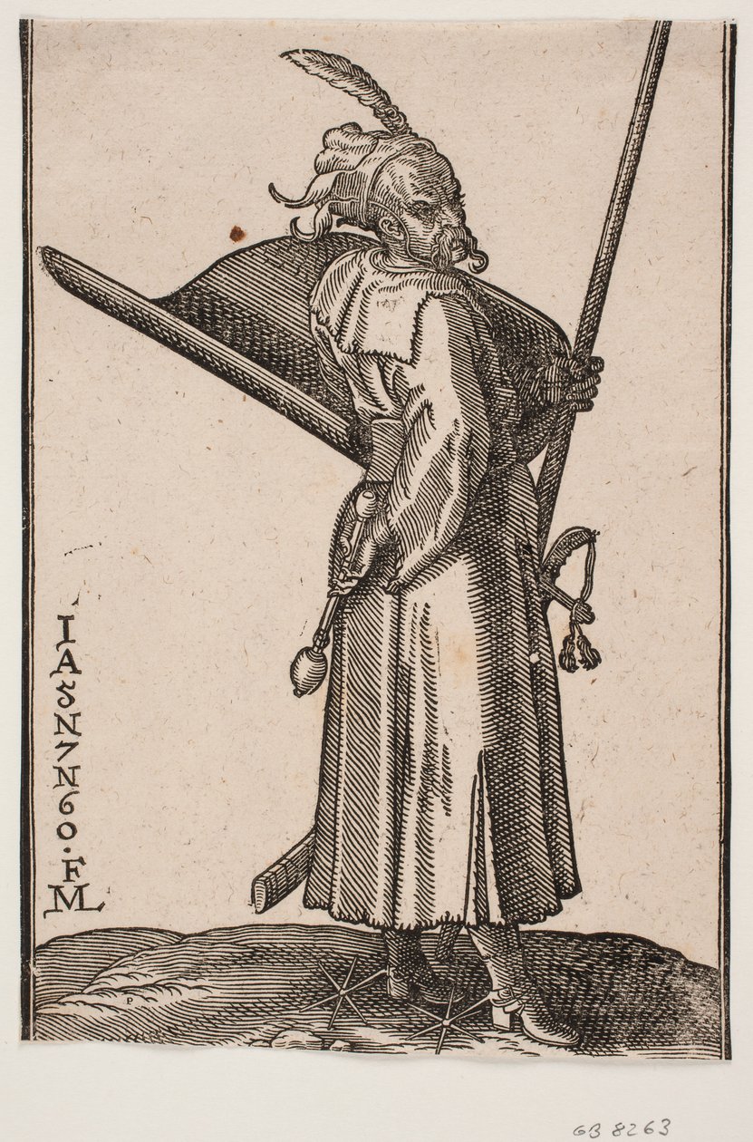 Żołnierz stojący (akinci), profil do r.; w r. maczuga, w. r. w ręce lanca, której wierzchołek znajduje się poza górną linią obramowania; z prawej strony tarcza z wnętrzem zwróconym do góry, z prawej strony miecz autorstwa Melchior Lorck