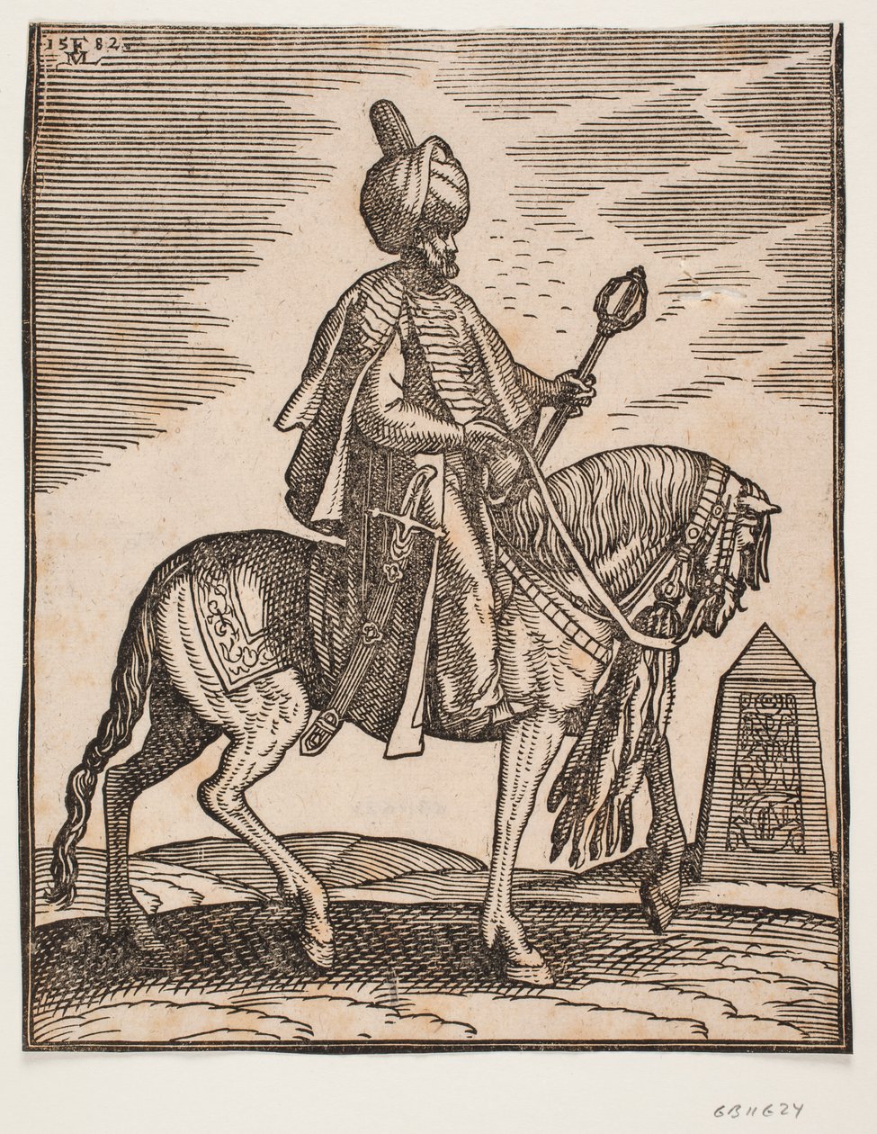 Odziany w turban jeździec z mieczem po prawej stronie i maczugą bojową w lewej ręce, profil w prawo; w tle obelisk autorstwa Melchior Lorck