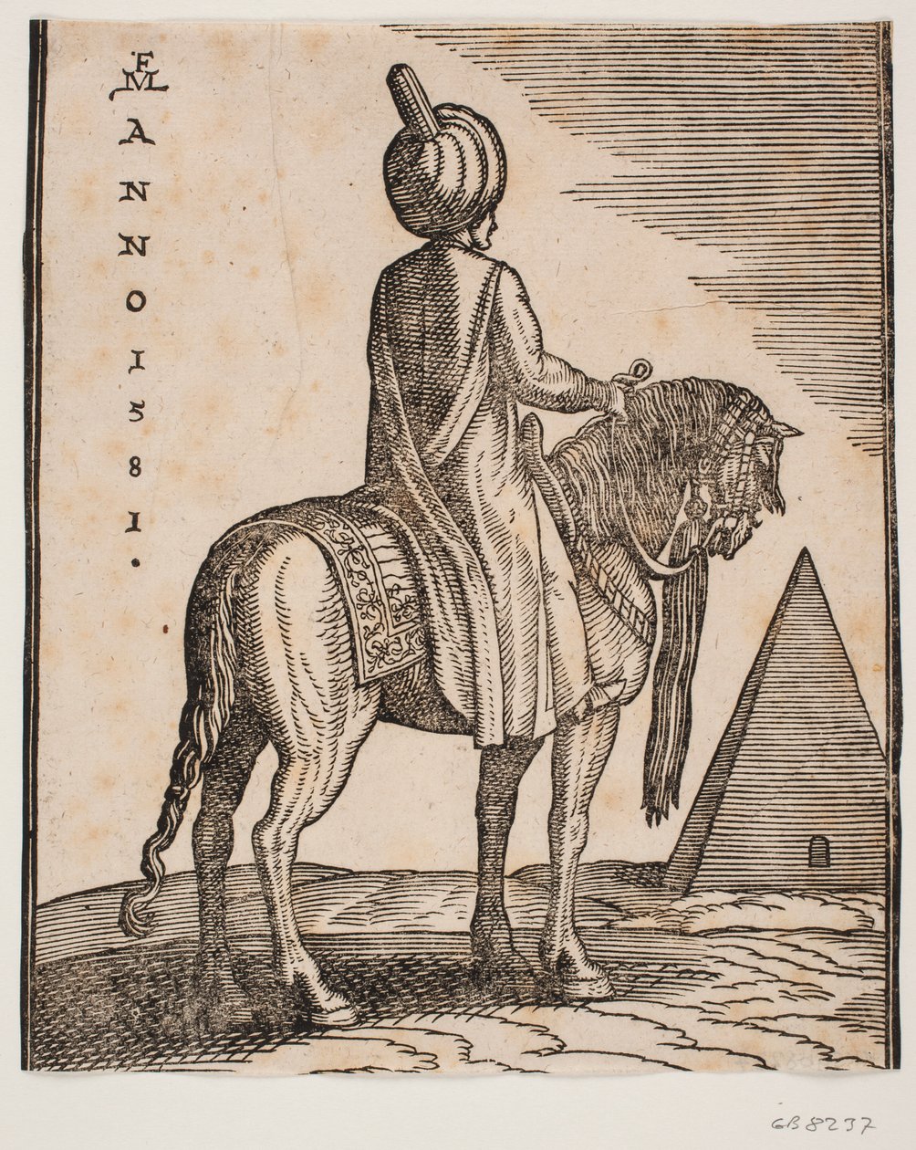 Odziany w turban, nieuzbrojony jeździec widziany ukośnie z tyłu; tj. w tle piramida autorstwa Melchior Lorck