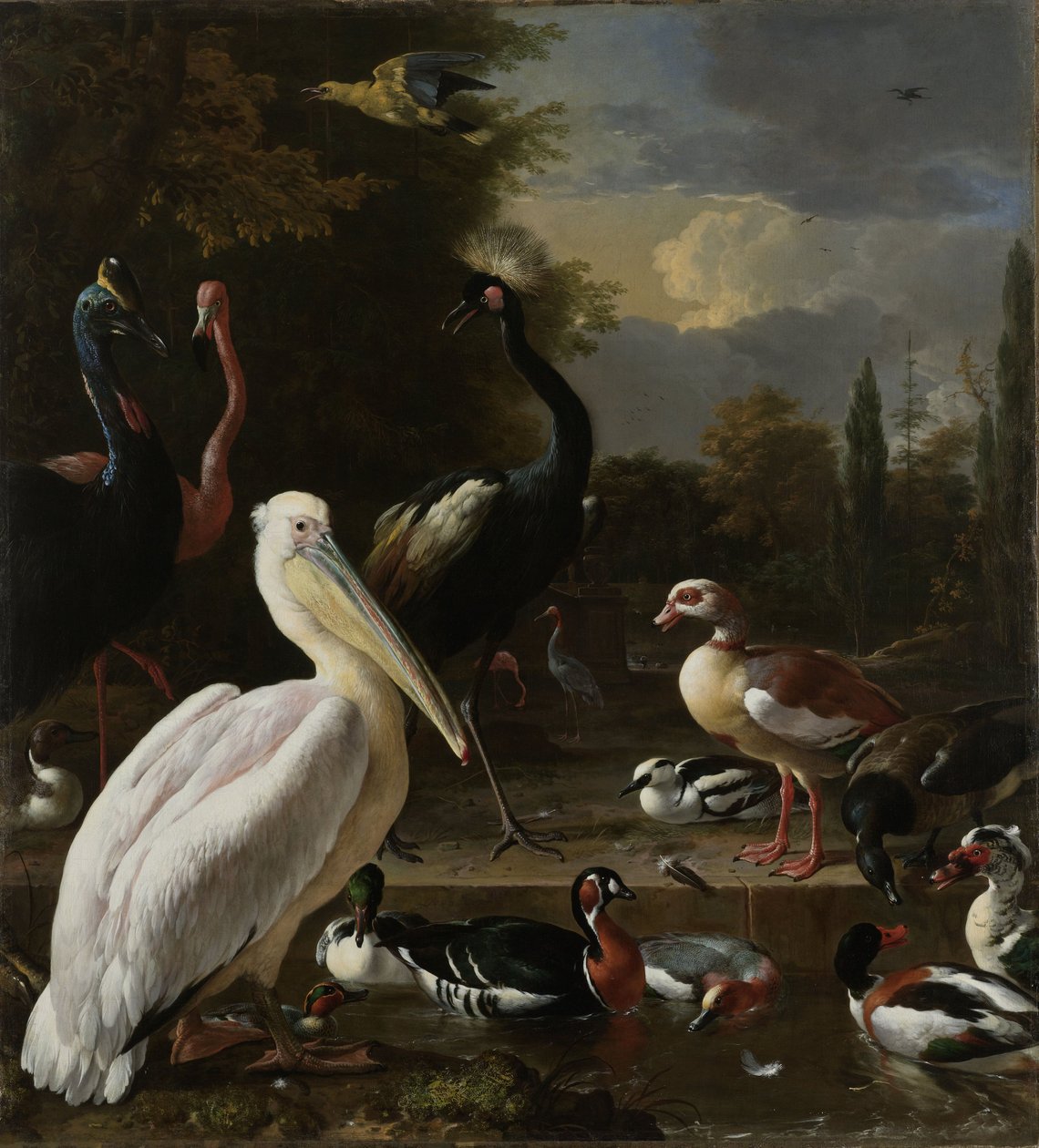 Pelikan i inne ptaki w pobliżu sadzawki, znane jako „pływające pióro”, ok. 1680 autorstwa Melchior de Hondecoeter