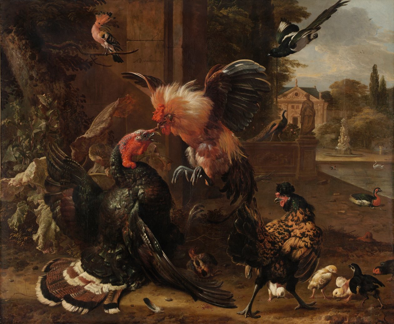 Walka koguta i indyka, ok. 1680 (olej na płótnie) autorstwa Melchior de Hondecoeter