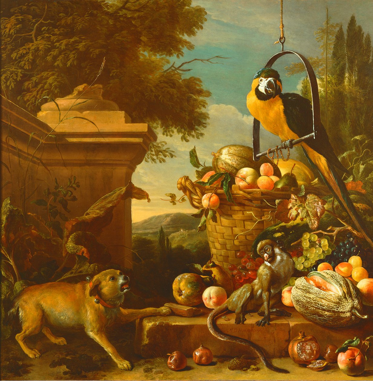 Ara i małpa autorstwa Melchior de Hondecoeter